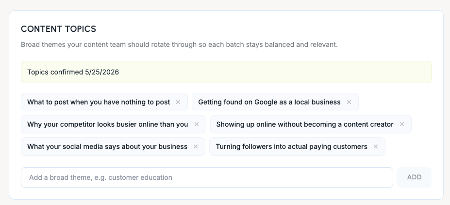 Boomp content topics generated from a business website