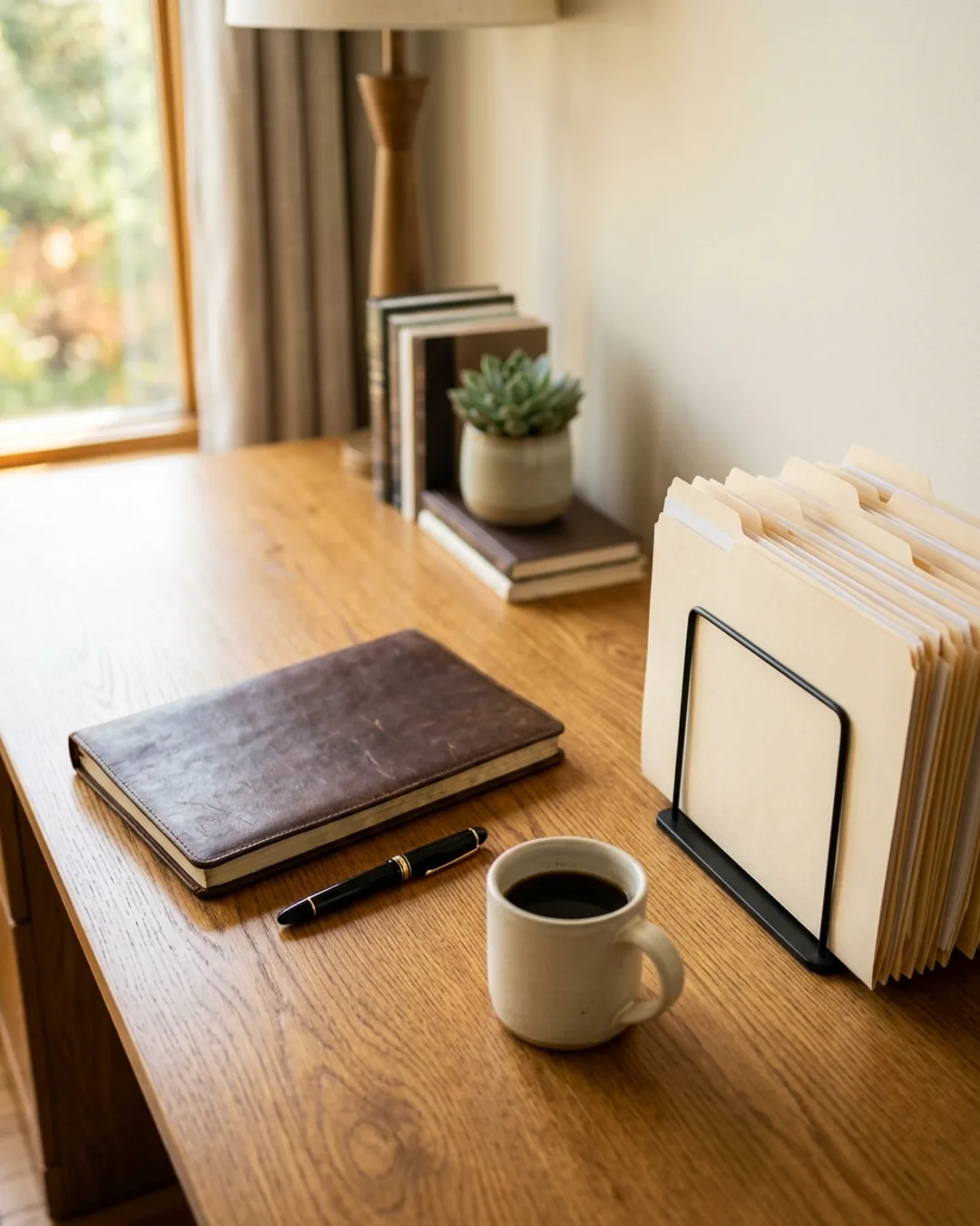 A tidy advisory desk with a leather ledger, fountain pen, filed folders and a mug
