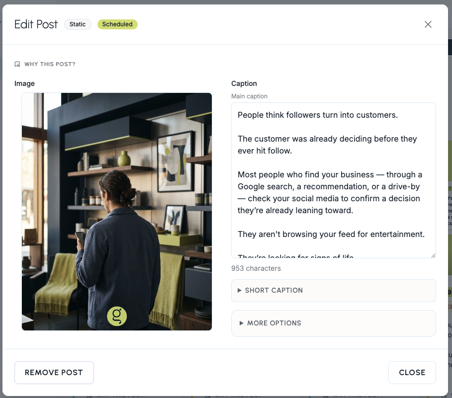 Boomp post review modal with caption and image editing controls