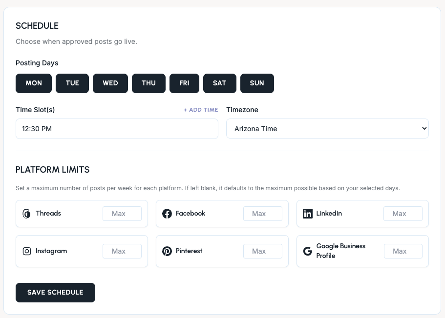 Boomp schedule view showing approved posts going out